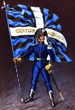 Flag bearer from the canton of Argovie, c. 1805. Color engraving from 1943, published by Editions?