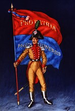 Flag bearer from the canton of Tessin, c. 1809. Color engraving from 1943, published by Editions ?