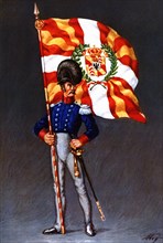 Flag bearer from the canton of Neuchatel, c. 1815. Color engraving from 1943, published by Editio?