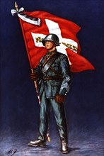 Flag bearer from an army battalion, c, 1940. Color engraving from 1943, published by Editions Fra?