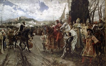 The surrender of Granada', between the Catholic Kings and Boabdil in 2nd January 1492. Oil of 1832.