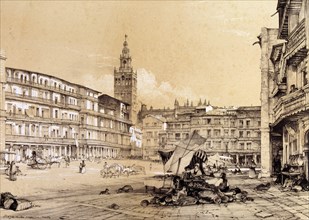 Saint Francis square, Seville, drawing, 1834.