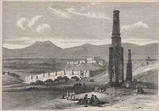 British-Afghan war, fortress and citadel of Ghuzni and two of its minarets in Afghanistan.