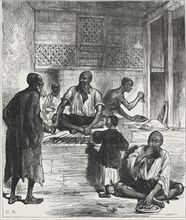 British-Afghan war, Afghan scenes, grocery shop in a Kabul market, engraving from 1878.