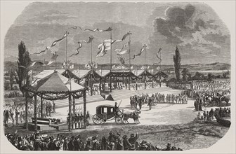 Inauguration of the railway station in Saragossa on May 12, 1856, engraving from the time.