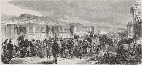 Italy-Austria War of 1859. Austrian soldiers wounded in the Battle of Montebello transported  by ?