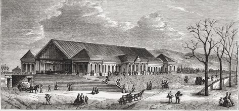 Geneva Station in the railway line Lyon to Geneva, engraving from 1859.