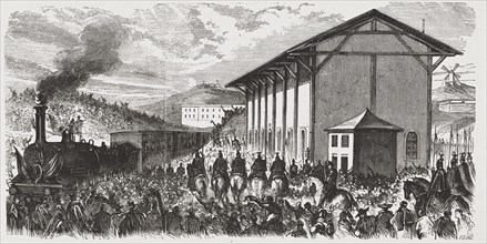 Journey of His Majesty King Alphonse  XII to Valencia, train departure, engraving from 1875.