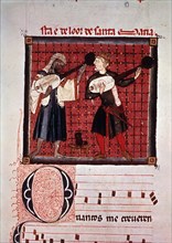 Moor and Christian playing the lute, miniature in the 'Music book' from the 'Cantigas of Alphonse?