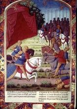 Gilead helps Perceval and they together defeat 20 men, miniature in the incunable 'Lancelot du La?