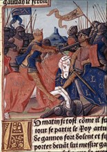 King Arthur and the Knights of the Round Table fighting the Saxons, miniature in the incunable 'L?
