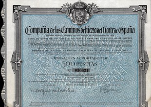 Bond of 500 pesetas of the Company of the Caminos de Hierro del Norte de España, S.A. (railroads ?
