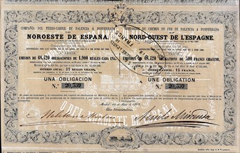 Bond of 1900 reales to the 3% of the Compañía del Ferrocarril de Palencia a Ponferrada (Railway C?