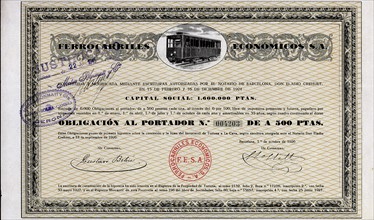 Bond of Ferrocarriles Económicos S.A., to the 6%, Barcelona October 1, 1926 (railway from Tortosa?