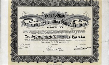 Beneficiary document of the Sociedad de Ferrocarriles de Montaña a Grandes Pendientes, S.A., Barc?