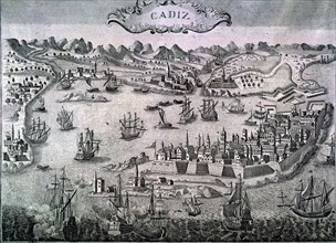View of the city of Cádiz and its port, 17th century engraving.