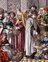 Medieval life, the market in late 1400, in an engraving by Hotteroth, 1870.