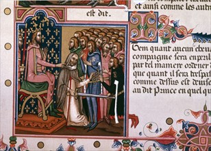 Investiture of a gentleman, page of a 14th century manuscript entitled 'Order of the Holy Spirit'.