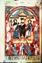 Queen Jimena and Alphonse III the Great (848-910) before the bishop Gorneus, miniature in the 'Bo?