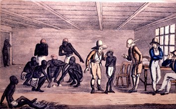Slaves trading in Rio de Janeiro, colored lithograph.