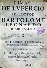 Rhymes' by Lupérnico and Bartolomé Argensola. Cover of the printed work in Zaragoza in 1634.