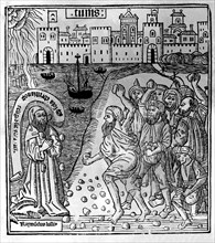 Ramon Llull (1233-1315-16), Catalan writer, engraving of his martyrdom and stoning in Tunisia, pr?
