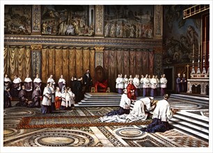 Pontifical ceremonies. Adoration of the Cross in the Sistine Chapel. Color engraving from 1871.