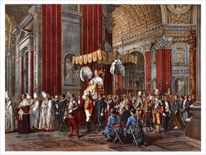Pontifical ceremonies. Pope Pius IX led to his seat of honour. Color engraving from 1871.