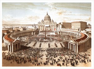 Pontifical ceremonies. Benediction urbi et orbi in Saint Peter's square. Color engraving from 1871.