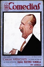 Cover of the publication 'Comedias'. Caricature of Carlos Arniches Barreda (1866-1943). Siglo XX ?