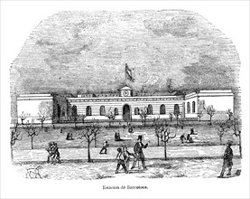 Station of Barcelona of the railway line of Mataró in 1849, vintage engraving.