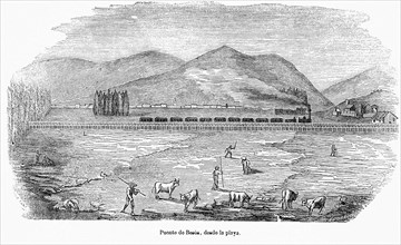 Bridge on Besos River in the railway line Barcelona to Mataró, seen from the beach, engraving, 1849.