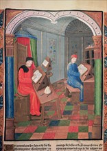 Einhard and Archbishop Turpin writing the history of Charlemagne in the 'Chroniques de France', 1?