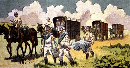 Morocco's War (1909-1913), the Red Cross transporting the injured men to hospitals, drawing of th?