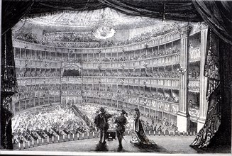 View of the stalls of the Teatro Real in Madrid, built in 1850, from the stage, engraving, 1870.