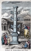 Urban life in Rome, commemorative column of a victory, engraving 1866.