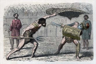 Roman circus, gladiators fighting in the arena, engraving 1866.
