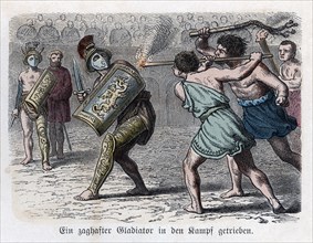 Roman circus, the cowardly gladiator is egged on to fight, engraving, 1866.