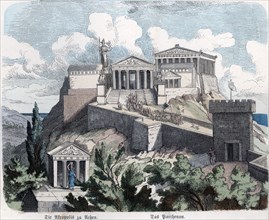 View of the Acropolis and the Parthenon, colored engraving, 1865.