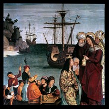 St. Magdalene Altarpiece, detail, representation of the Saint and men in a boat, work of 1526.