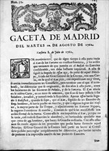 Cover of the 'Gaceta de Madrid', nº 320, on Tuesday August 10, 1762, published in Madrid in the H?