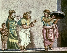 Mosaic of street musicians playing in the street, from Pompeii.