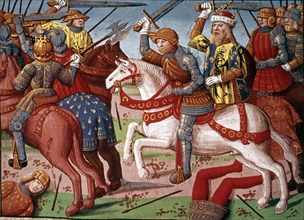 Charlemagne leading his troops in a battle against the Saracens in Spain. (780). Miniature in the?