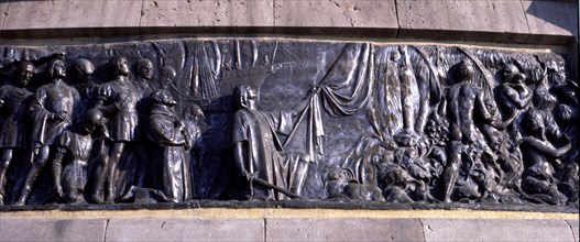 Detail of the bas-relief in the monument to Christopher Columbus in Barcelona, allegorical scene ?