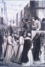 Driving prisoners sentenced by the Court of the Inquisition to an auto-da-fe, 1610, etching, 1860.