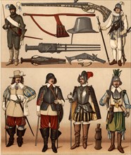 Various weapons and uniforms of French archebusier soldiers and musketeers.