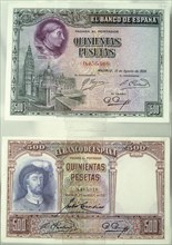 Paper money of 500 pesetas, of legal tender when beginning the Spanish Civil War, issued in 1928 ?