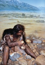 Diorama 'Talteüll-Tautavel Man' -young adult- manufacturing stone tools, earlier interpreted as a?