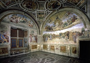 Stanza della Segnatura in the Vatican, view of the frescoes 'The dispute of the Sacrament' and 'J?
