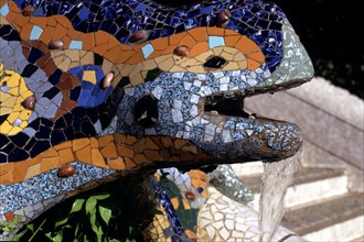 Barcelona, ??detail of the dragon in the entry of the Güell Park, designed by Antonio Gaudi.